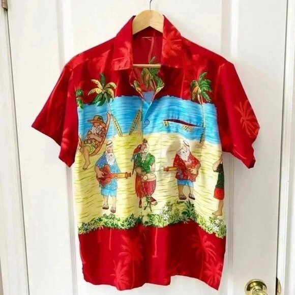Rima Mens Hawaiian Santa Shirt Short Sleeve Button Front Red Blue Yellow Medium - Picture 2 of 13